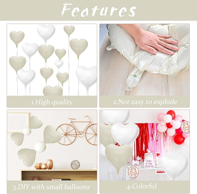 Biapian Cream Heart Balloons, 18 Inch Sand White Heart Shape Balloons Foil, 10 Pcs Beige Heart Balloons and White Foil Balloons Helium for Valentines Day Boho Birthday Wedding Baby Shower Decorations