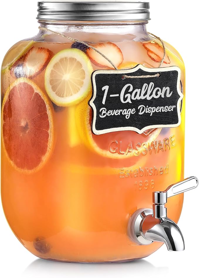 1 Gallon Glass Beverage Dispenser, 18/8 Stainless Steel Spigot and Lid, Glass Drink Dispensers for Parties, Mason Jar Drink Dispensers with Lids