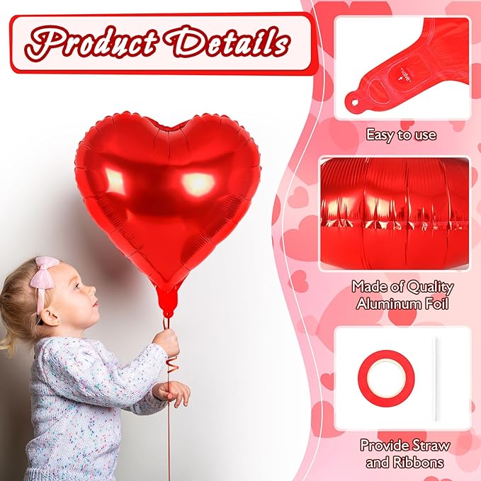 24 Pcs Red Heart Balloons,18 inch Heart Shape Foil Balloons Love Balloon Valentine Balloon for Birthday Party Wedding Engagement Party Baby Shower Valentine Day Decorations (Red)