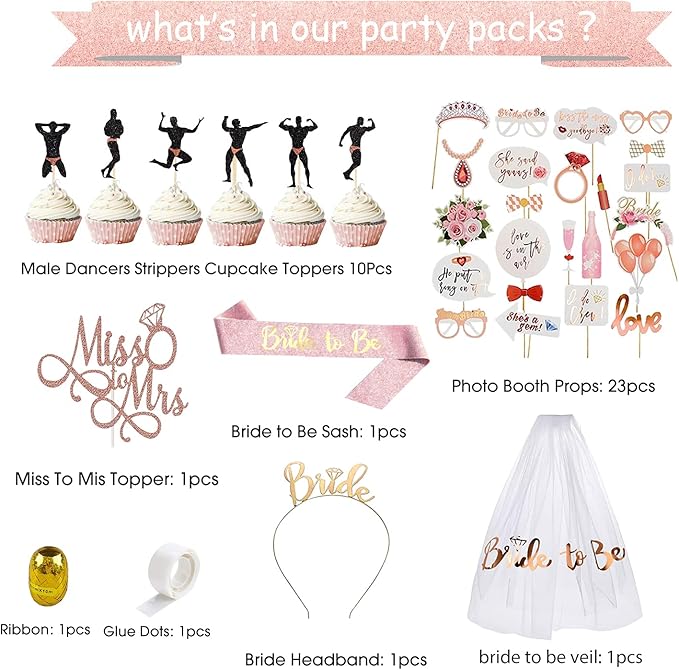 Bachelorette Party Decorations, Bridal Shower Decorations Including Photo Props, Table Runner, Veil, Headband, Banner, Cups, Sash, Balloons, Topper, Sticker, Bride Bachelorette Party Supplies