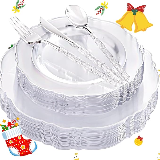 Liacere 150PCS Clear Silver Plastic Plates & Disposable Silver Plastic Silverware with Glitter Bamboo Handle Cutlery-Baroque Clear Disposable Plates for Wedding & Easter day & Mother's Day