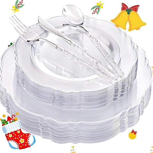 Liacere 150PCS Clear Silver Plastic Plates & Disposable Silver Plastic Silverware with Glitter Bamboo Handle Cutlery-Baroque Clear Disposable Plates for Wedding & Easter day & Mother's Day