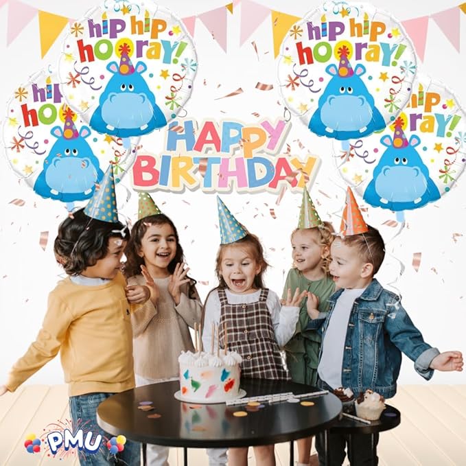 PMU Happy Birthday Hip Hip Hooray Hippo 18 Inch Mylar Foil Balloon Pkg/1