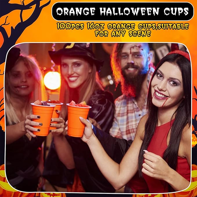 Dualshine 100 Pack Halloween Orange Plastic Cups 16 oz, Disposable Cups for Party, Heavy Duty Drinking Cups for Wedding Birthday Halloween Beer Taste Serving Snack Sample Tastings Barbecues Picnic