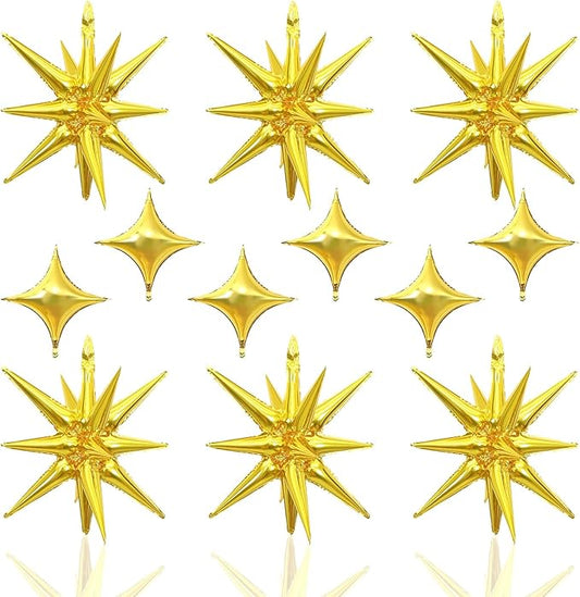 12PCS Gold Star Balloons, Gold Explosion Star Balloons Aluminum Foil Balloon Spike Balloon for Birthday Bachelorette New Year Graduation Party Decorations