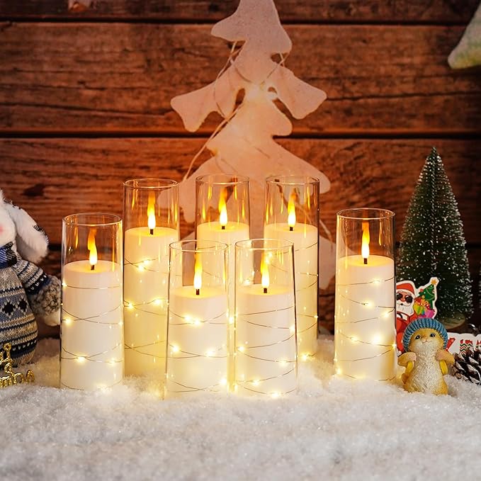 Flameless Candles,with Embedded Star String, Battery Operated Candles Flickering LED Pillar Candles with Remote Control and Timer, Home Decoration Add a Warm and Romantic Atmosphere，Set of 7 (White)