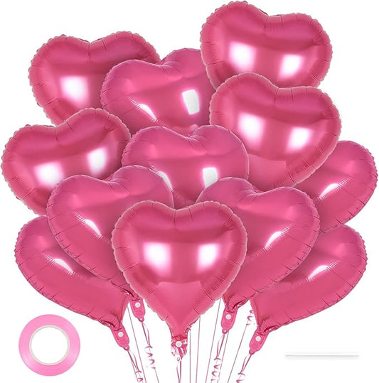 12 Pcs Pink Heart Balloons,18 inch Heart Shape Foil Balloons Love Balloons Valentine Balloons for Birthday Party Wedding Engagement Party Baby Shower Valentine Day Decorations (deep pink)