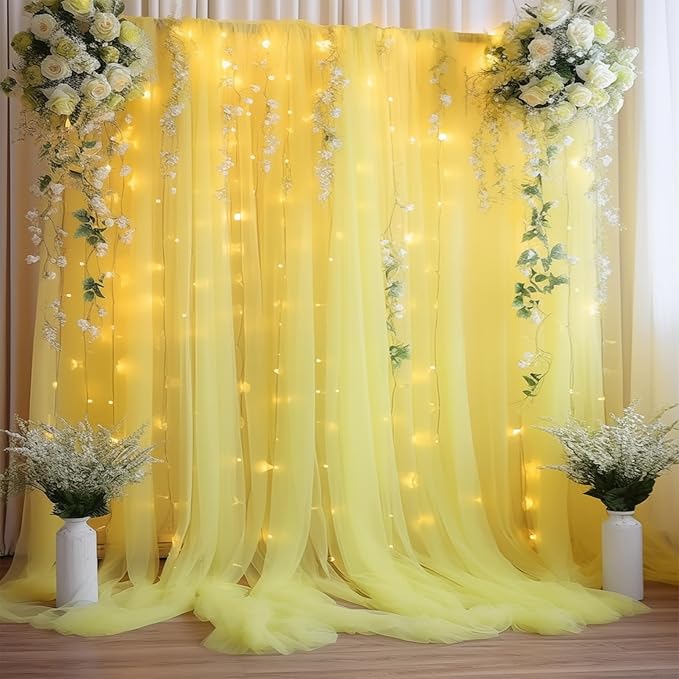 20ft x 10ft Yellow Backdrop Curtain with Lights String for Parties, Sheer Tulle Wedding Photo Backdrops Drapes for Baby Shower Birthday Party Decorations Background for Photography