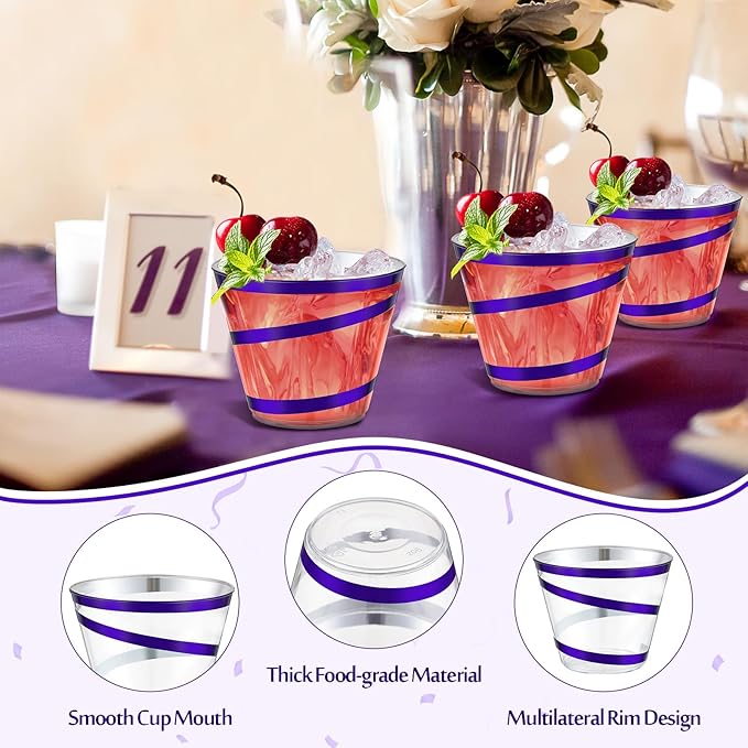 Gejoy 9 oz Rimmed Swirl Plastic Cups Disposable Wine Drinking Cups Clear Elegant Halloween Tumblers for Christmas Party Supplies(Purple,100 Pcs)
