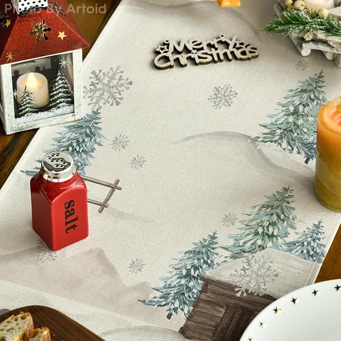 Artoid Mode Xmas Trees Let It Snow Blue Snowman Christmas Table Runner, Seasonal Winter Holiday Kitchen Dining Table Decoration for Home Party Decor 13x90 Inch