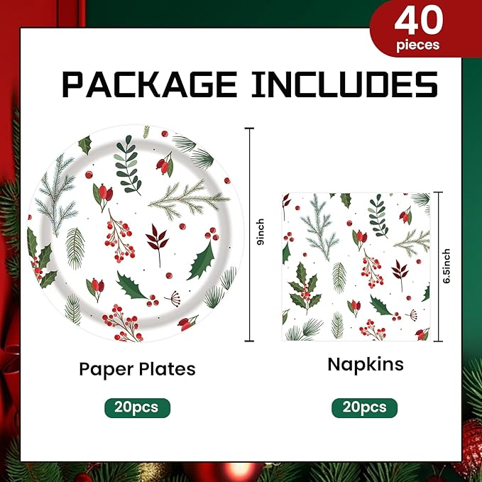 40 Pcs Christmas Plates and Napkins Party Supplies, Disposable Seasonal Holly Paper Plates Napkins Tableware Set for Winter Theme Birthday Holiday Party Decorations Serves 20