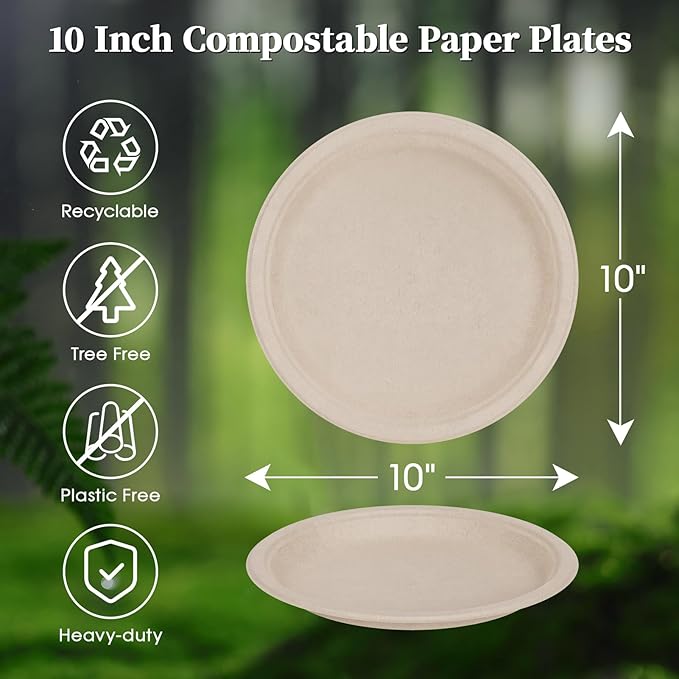ECOLipak Paper Plates 10 Inch, 150 Pack Compostable Heavy Duty Disposable Biodegradable Sugarcane Bagasse Eco Friendly Paper Plates for Thanksgiving Party Dinner