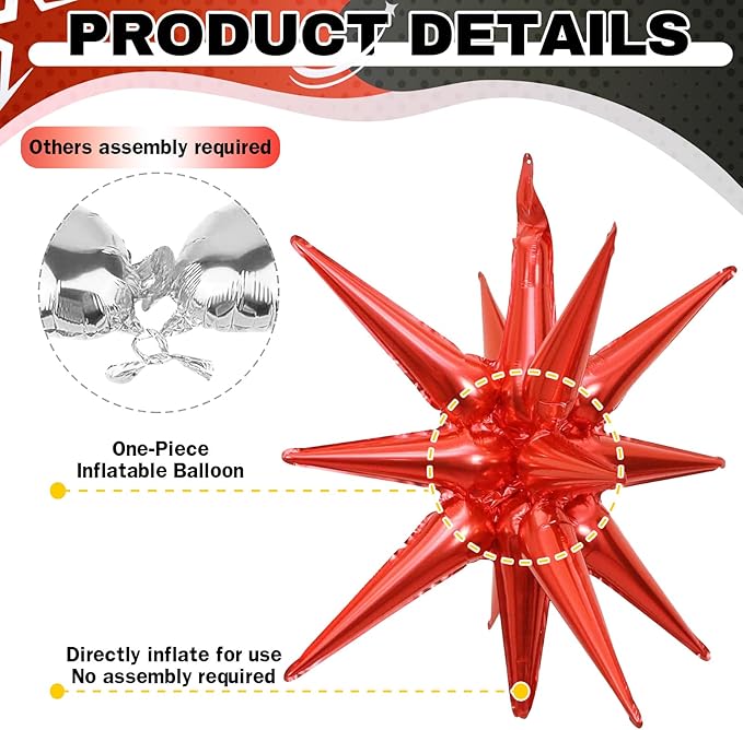 6PCS Star Balloons, 22Inch Black Red and Silver Star Balloon Foil Balloons Spike Cone Balloon for Graduation Birthday Anniversary New Year Kids Boys Party Decorations