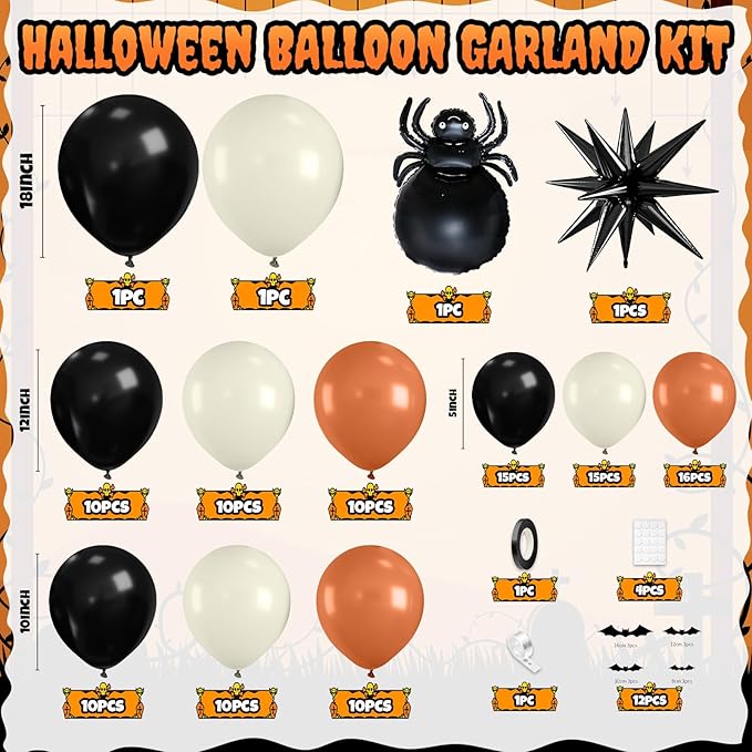Halloween Balloon Arch Garland Kit, Black Ivory White Burnt Orange Spider Star Foil Balloons with 3D Bat Stickers for Halloween Baby Shower Party Decorations Cosplay Theme Party