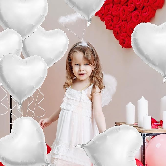 Biapian White Heart Balloons Helium, 10PCS White Foil Heart Shape Balloons Valentines 18inch Metallic White Foil Balloon for Helium Valentine Decorations for White Wedding, Brithday Party, Anniversary