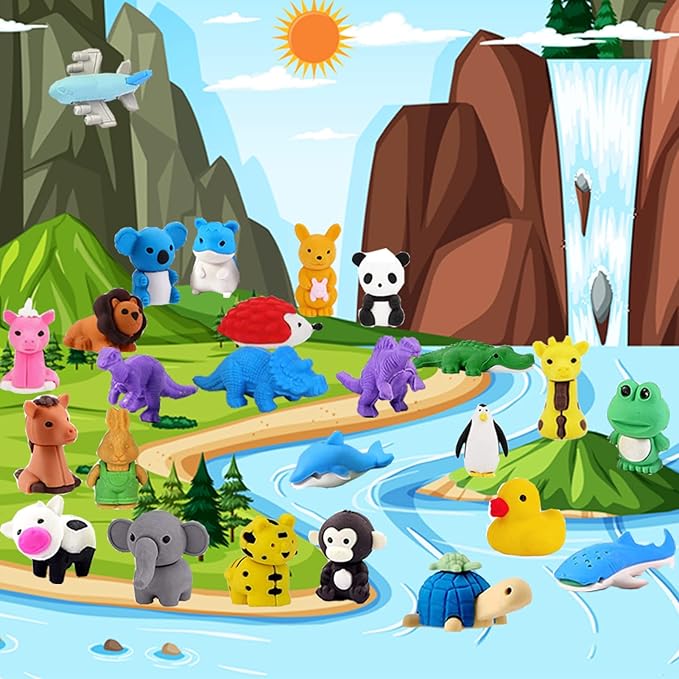 110Pcs Animal Erasers Kids Desk Pets Pencil Erasers 3D Puzzle Eraser Bulk Mini Animal Food Toys Fun Cute Eraser for Classroom Rewards, Game Prizes, Treasure Box, Easter Egg Fillers
