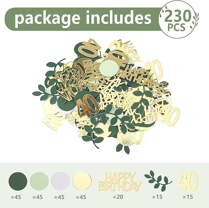 Sage Green 40th Happy Birthday Confetti, 40th Birthday Table Decorations Scatter Green Gold Foil Cake Confetti Decorations for 40 Bday Woman Man Party Decor 230 Pcs