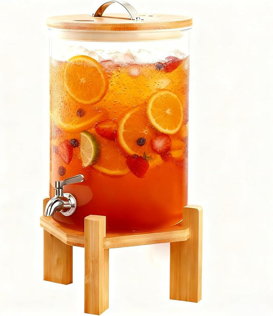 2.1 Gallon Drink Dispenser,Glass Beverage Dispenser With Wood Stand,Large Water Drink Dispensers for Parties with Anti-blocking Spigot,Christmas Party Drink Dispenser for Lemonade,Juice, Iced Tea