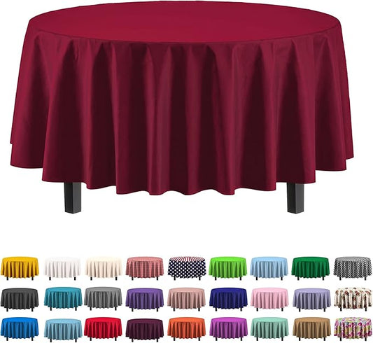 Party Solids 6-Pack Premium Plastic Tablecloth 84in. Round Plastic Table Cover - Burgundy