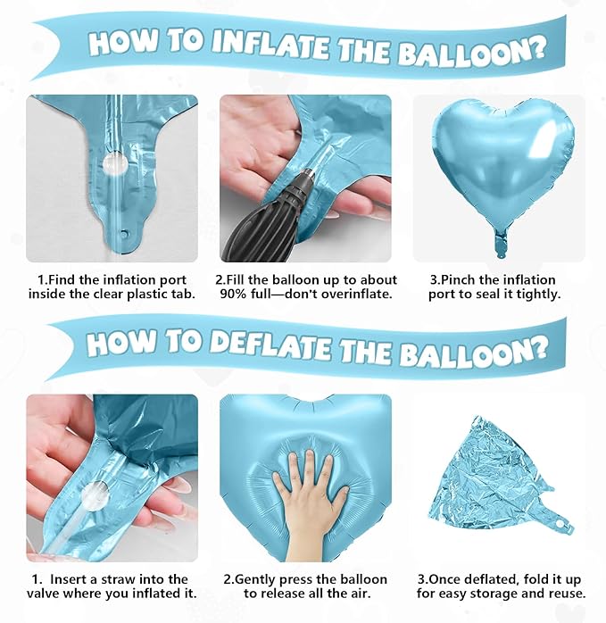 Blue and Silver Heart Balloon, 10 Pcs Light Blue Heart Shaped Balloon with White Bow Ribbon, 18 Inch Metallic Silver Foil Balloons for Boys Men Brithday Baby Shower Wedding Valentines Party Decoration