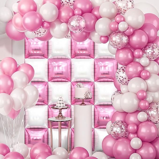 Pink and White Square Balloon, 20 PCS Double Sided Foil Balloons Wall Flat Square Balloon Backdrop for Girls Coquette Birthday Decoration Bridal Baby Shower Party Decoration