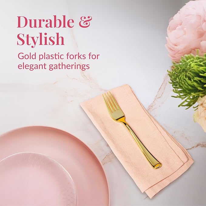 Prestee Set of 300 Gold Plastic Forks Disposable - 7-in Heavy-Duty Fork Flatware - Bulk Pack Fancy Silverware - Sturdy Elegant Cutlery for Weddings, Birthday Parties, Buffets, Catering, and Events