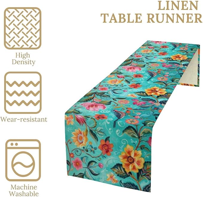 Flowers Birds Spring Table Runner, Colorful Birds Branches Blue Floral Seasonal Kitchen Dining Table Decoration for Home Party Decor 13x36 Inch
