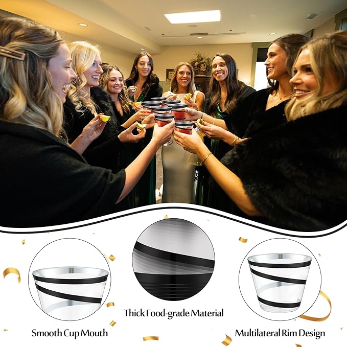 Gejoy 9 oz Rimmed Swirl Plastic Cups Disposable Wine Drinking Cups Clear Elegant Halloween Tumblers for Christmas Party Supplies(Black,50 Pcs)