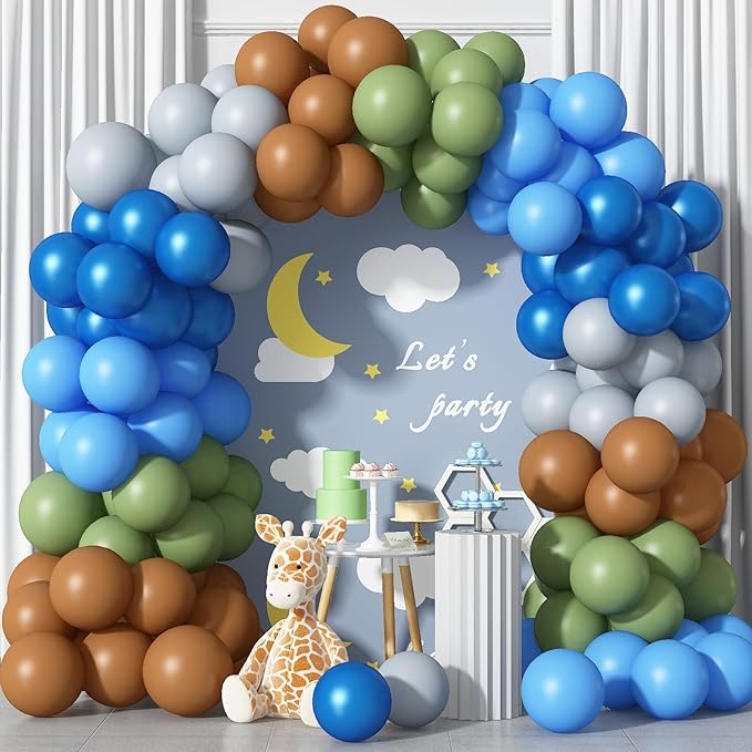 Blue Green Balloons 60 Pcs 12 Inch Sage Green Blue Brown Balloons Neutral Boho Avocado Green Pearl Dark Navy Blue Khaki Brown Grey Balloon for Boys Bear Jungle Baby Shower Birthday Party Decorations