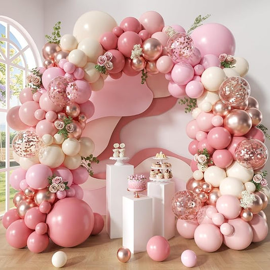 Dusty Rose Pink Balloon Arch Kit, 148Pcs Dusty Pink Macaron Orange Pastel Pink White Sand Rose Gold Confetti Balloons for Baby Bridal Shower Wedding Engagement Birthday Party Decorations