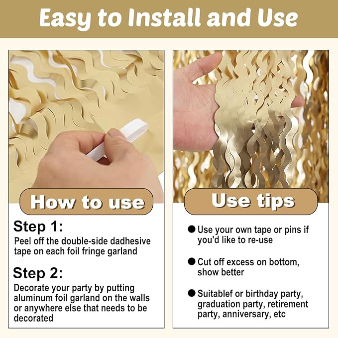 6 Pack 10 Feet Champagne Gold Wave Foil Fringe Garland Metallic Tinsel Streamers Banner Wall Hanging Curtain Backdrop for Parade Floats, Mother's Day, Easter, Wedding, Birthday Party Decoration