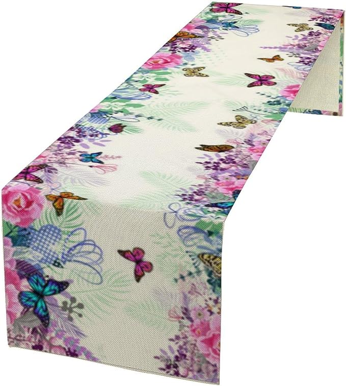 Butterfly Table Runner, Wildflowers Floral Butterfly Table Decoration Seasonal Summer Home Kitchen Dining Table Indoor Outdoor Farmhouse Decor 13x108 in