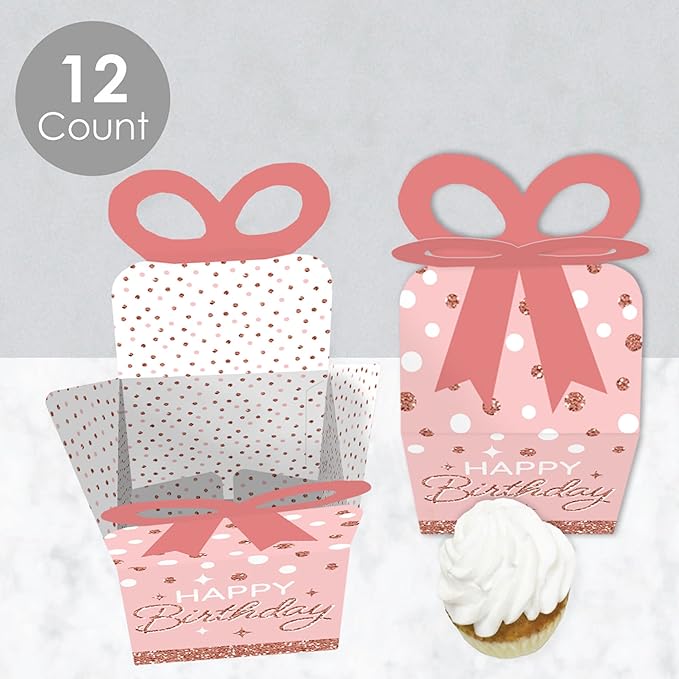 Big Dot of Happiness Pink Rose Gold Birthday - Square Favor Gift Boxes - Happy Birthday Party Bow Boxes - Set of 12
