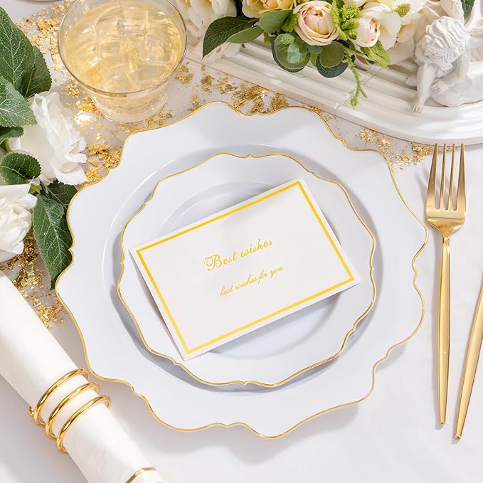 WDF 175Pcs Gold Plates Disposable - White and Gold Plastic Plates 25guest Plastic Dinnerware Ideal for Party/Wedding/Banquets/Thanksgiving/Christmas
