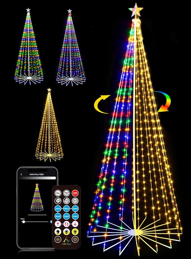 9FT 444LEDS Outdoor Christmas Tree Lights, Smart Cone Tall Pop Up with Star, Timer, Waterproof, APP & Remote, Music Sync, Multicolor/WarmWhite, Outside Xmas Yard Porch Decor