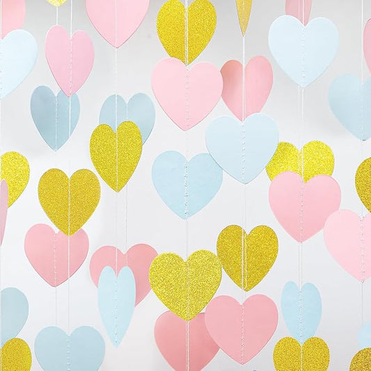Blue Pink Gold Party-Decorations Gender-Reveal - 52Ft Paper Heart Streamers Garland Banner Hanging Decor Birthday Ideas Event Party Supplies