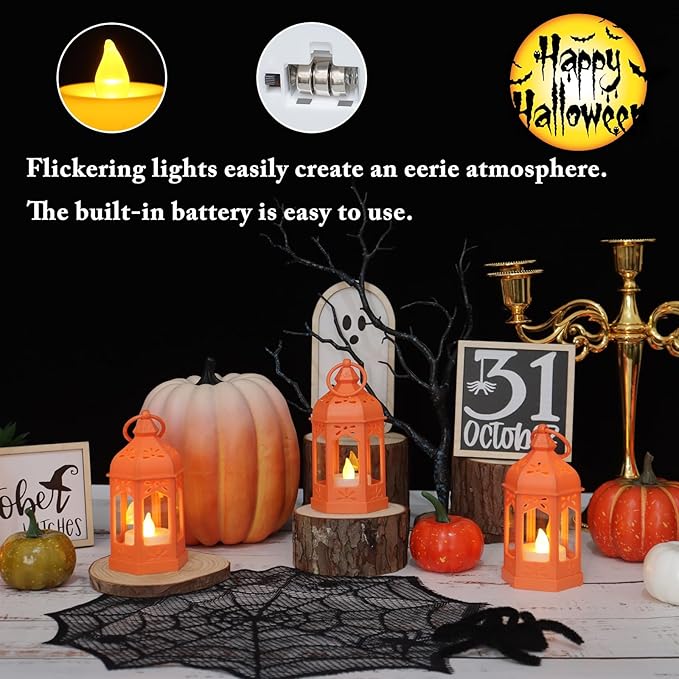 8 Pcs Mini Lantern with Flickering LED Candles, LLQ Orange Vintage Decorative Hanging Candle Lanterns for Halloween, Christmas, Wedding Decorations, Party, Table Centerpiece, Battery Included