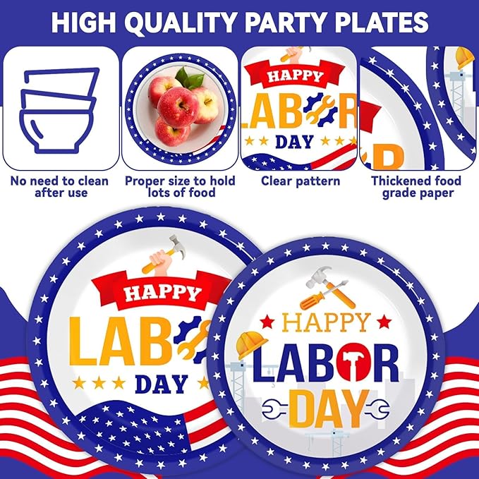96 Pcs Labor Day Party Supplies for 24 Guests Labor Party Tableware Plates Napkins American Holiday Patriotic Dinnerware Table Decorations Happy Labor Day Party Favor for USA Independence Day