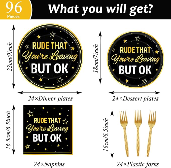 ZOIIWA 96 Pcs Rude That You’re Leaving But OK Party Supplies Set for 24 Guests Coworker Leaving Farewell Tableware Plates Dinnerware Table Decorations for Goodbye Going Away Retirement Party Favors
