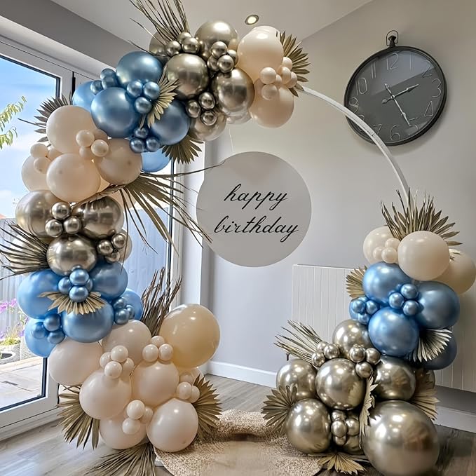 Dusty Blue White Balloons, Double Stuffed Pearl Light Baby Metallic Slate Blue Pearl Sand White Balloon, 50 Pcs Winter Wonderland Balloons for Baby Shower Birthday Bridal Shower Wedding Decorations