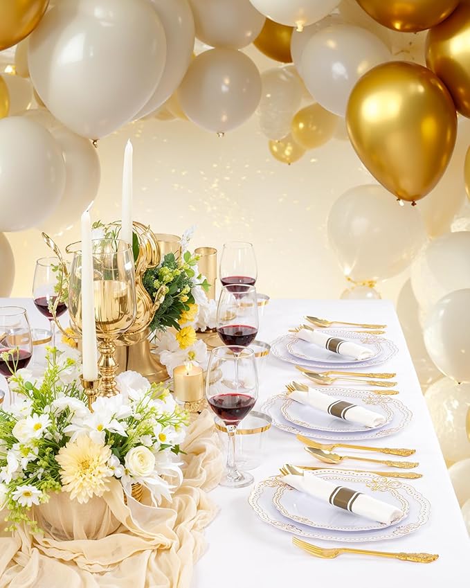 Ciaell 350 PCS Gold Plastic Plates - White and Gold Plates - Gold Disposable Plates Include 50 Disposable Plate, 150 Heavy Duty Silverware, 50 Cups, 50 Napkins for Wedding & Party & Thanksgiving
