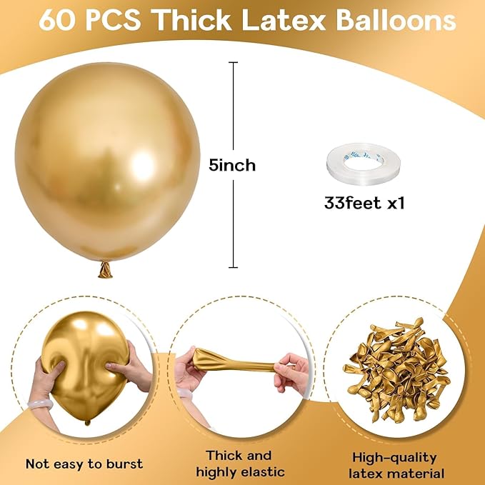5 Inch Gold Balloons, 60 PCS Gold Metallic Balloon Small Metallic Gold Chrome Balloons 5'' Mini Matte Golden Latex Balloons for Birthday Graduation Anniversary Baby Shower Party Decorations