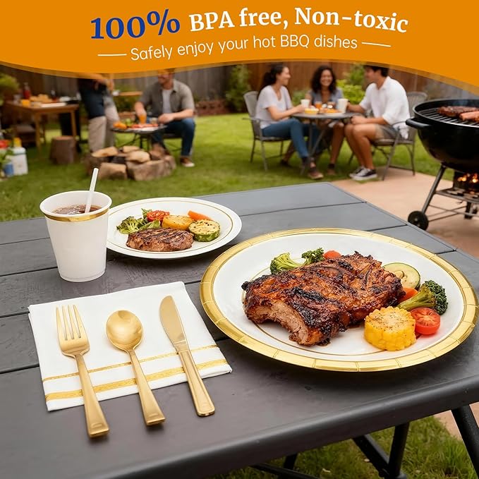 AIRE 350PCS White Gold Paper Plates Party Supplies Dinnerware Sets for 50 Guests, Disposable Paper Party Plates Napkins, Gold Plastic Forks Knives Spoons Cups for Wedding Birthday BBQ Parties