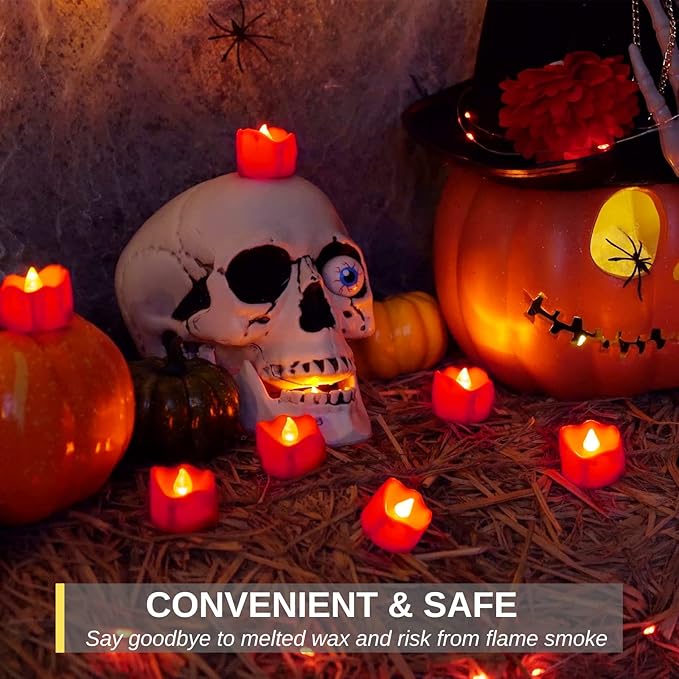 Homemory 48-Pack Halloween Red Dripping Flameless Tea Lights, Battery Operated Flickering LED Candles, Safe for Pumpkins, Party & Holiday Decor, 1.58" D x 1.2" H, Warm White Glow
