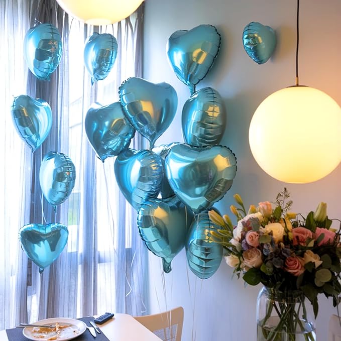 Blue Heart Balloons, 19PCS Light Blue Heart Shape Balloons, 18Inch with 10Inch Helium Foil Balloon Love Balloon for Birthday Baby Shower Wedding Engagement Valentines Party Decorations