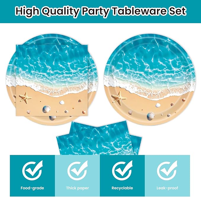 40Pcs Beach Plates and Napkins Party Supplies, Disposable Ocean Waves Birthday Plates Napkins Tableware Set for Hawaiian Ocean Themed Party Decorations (Beach)