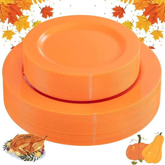 FLOWERCAT 60PCS Orange Plates - Heavy Duty Orange Plastic Plates Disposable for Thanksgiving & Halloween Party - Serve 30 Guests 10.25inch and 7.5inch