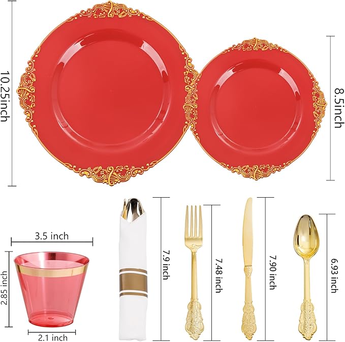 Nervure 175PCS Red Plastic Plates - Disposable Red Gold Party Plates & Pre Rolled Napkins with Cutlery for 25 Guests, 50Plates, 75Silverware, 25Cups, 25Napkin for Wedding & Party & Independence