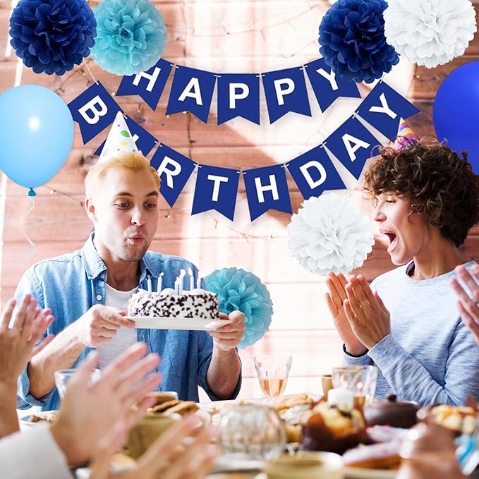 Birthday Decorations for Men Blue White Party Decor Supplies Boy Including Happy Birthday Banner Confetti Latex Balloon Foil Balloon and Ribbon (Blue)