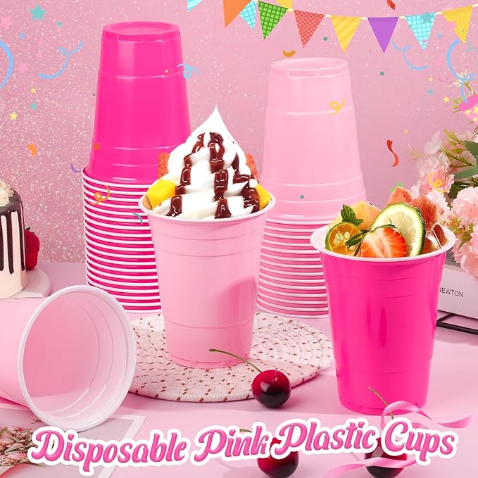 KesaPlan 100 PCS 16 OZ Plastic Cups Party Cups Pink and Hot Pink Cups Disposable Cups Bulk for Party Graduation Thanksgiving Wedding Birthday Christmas Halloween Family Gatherings Festive Celebrations